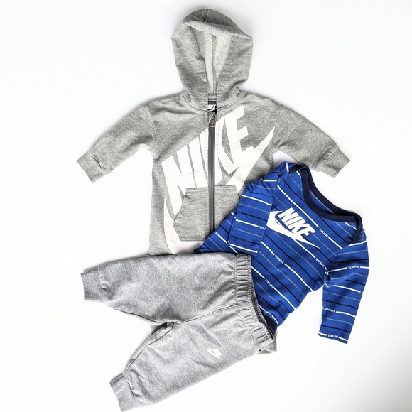 Nike Baby Hoodie and Pants Set with Blue Striped Onesie Bundle - Picture 1 of 12